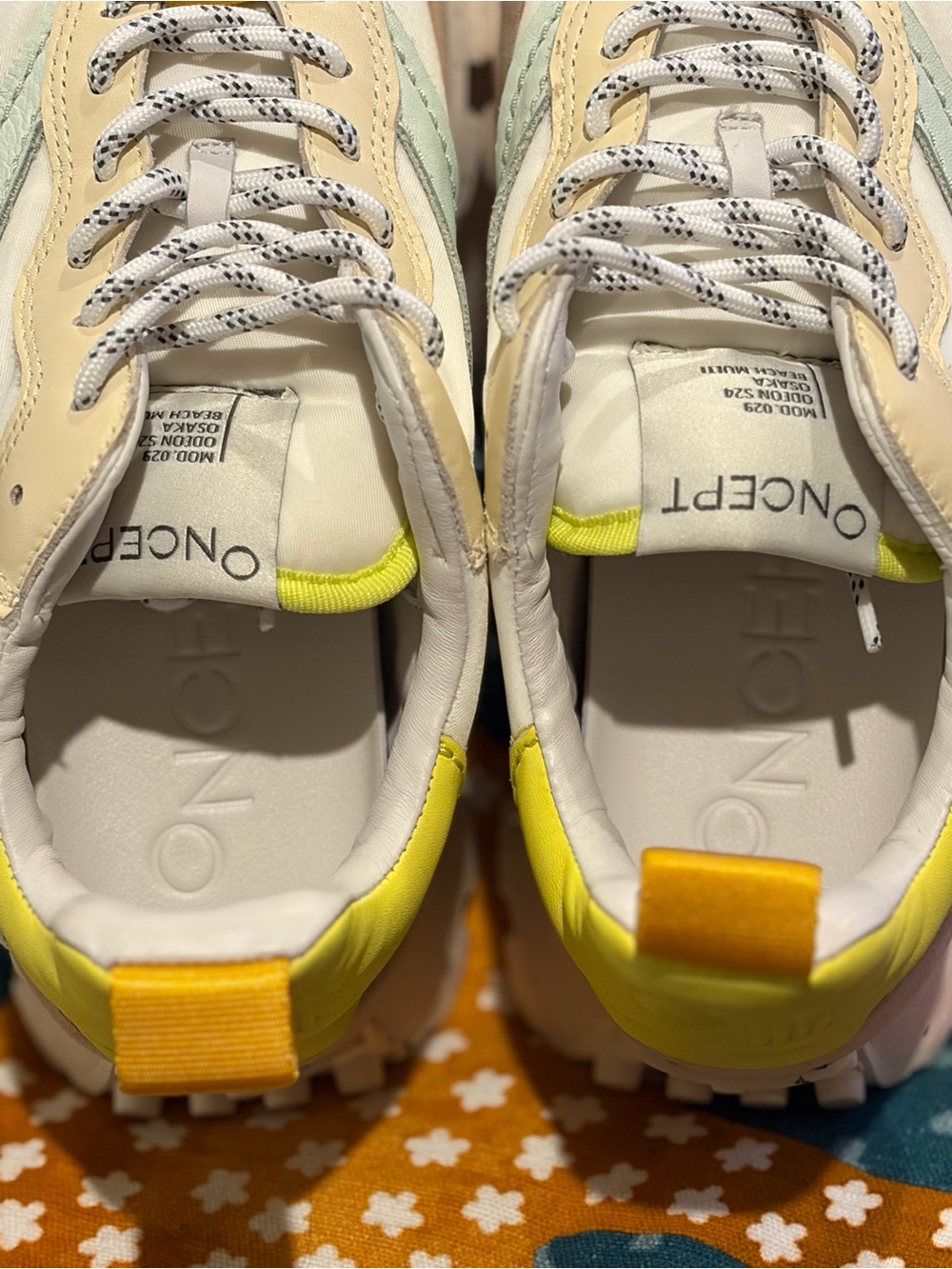 Oncept Women's White & Beige Sneakers with Pastel Mint and Yellow Accents - Picture 8 of 10